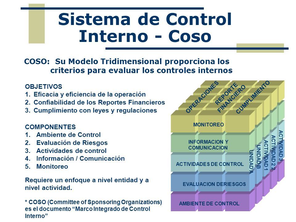 COSO: Su Modelo Tridimensional proporciona los criterios para evaluar los controles internos OBJETIVOS 1.Eficacia y eficiencia de la operación 2.Confiabilidad de los Reportes Financieros 3.Cumplimiento con leyes y regulaciones COMPONENTES 1.Ambiente de Control 2.Evaluación de Riesgos 3.Actividades de control 4.Información / Comunicación 5.Monitoreo Requiere un enfoque a nivel entidad y a nivel actividad.