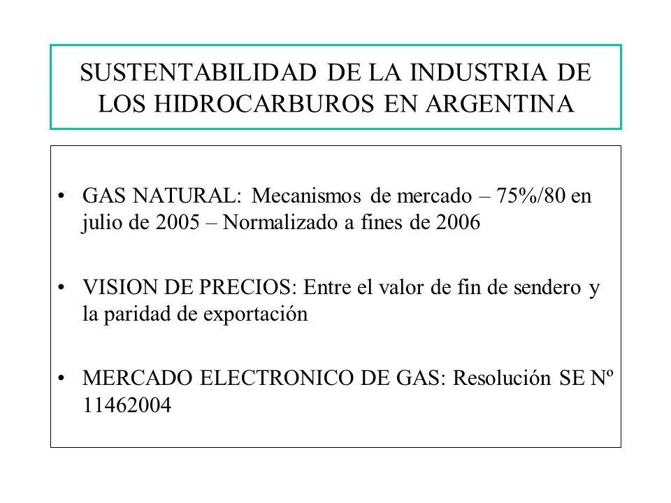 GAS NATURAL: Mecanismos de mercado – 75%/80 en julio de 2005 – Normalizado a fines de 2006 VISION DE PRECIOS: Entre el valor de fin de sendero y la paridad de exportación MERCADO ELECTRONICO DE GAS: Resolución SE Nº
