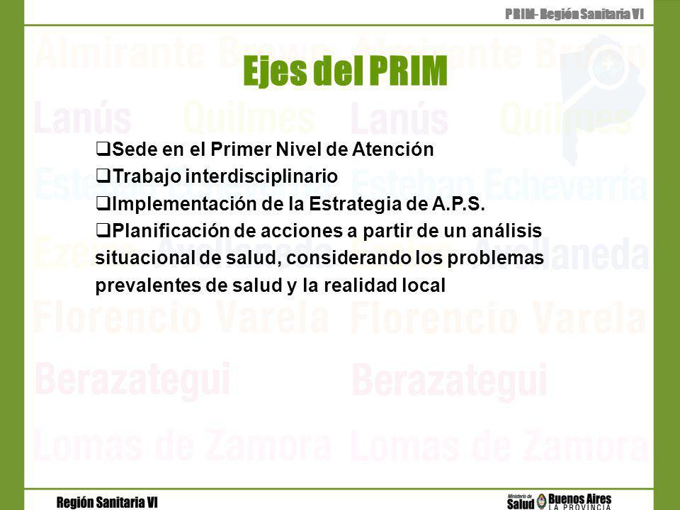 Ejes del PRIM PRIM- Región Sanitaria VI Sede en el Primer Nivel de Atención Trabajo interdisciplinario Implementación de la Estrategia de A.P.S.