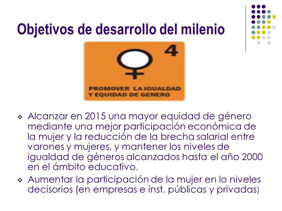 Objetivos de desarrollo del milenio Alcanzar en 2015 una mayor equidad de género mediante una mejor participación económica de la mujer y la reducción de la brecha salarial entre varones y mujeres, y mantener los niveles de igualdad de géneros alcanzados hasta el año 2000 en el ámbito educativo.