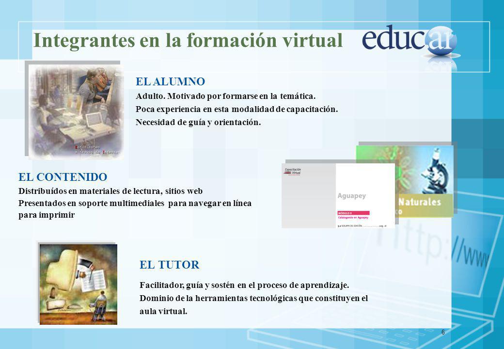 6 Integrantes en la formación virtual EL CONTENIDO Distribuídos en materiales de lectura, sitios web Presentados en soporte multimediales para navegar en línea para imprimir EL TUTOR Facilitador, guía y sostén en el proceso de aprendizaje.
