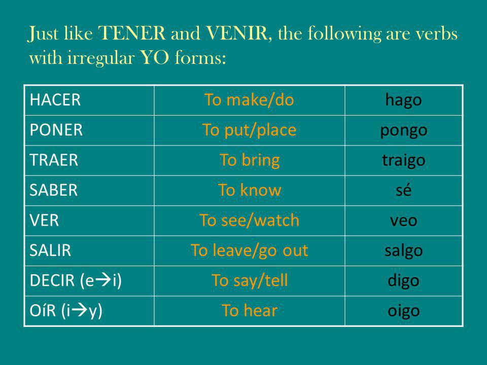 Just like TENER and VENIR, the following are verbs with irregular YO forms: HACERTo make/dohago PONERTo put/placepongo TRAERTo bringtraigo SABERTo knowsé VERTo see/watchveo SALIRTo leave/go outsalgo DECIR (e i)To say/telldigo OíR (i y)To hearoigo