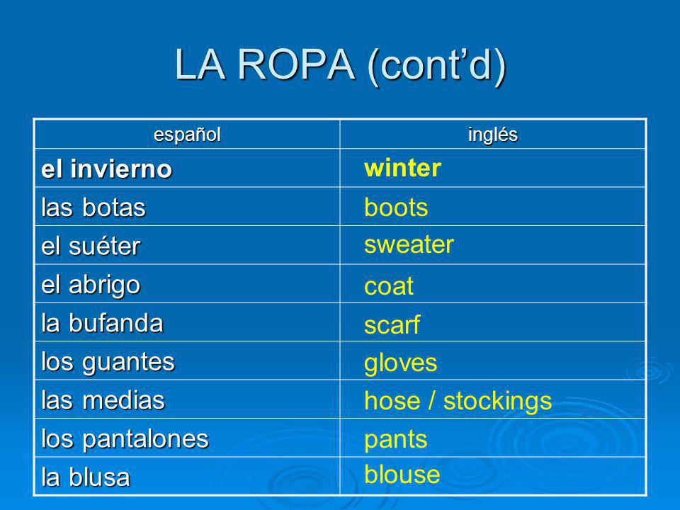 LA ROPA (contd) españolinglés el invierno las botas el suéter el abrigo la bufanda los guantes las medias los pantalones la blusa winter boots sweater coat scarf gloves hose / stockings pants blouse