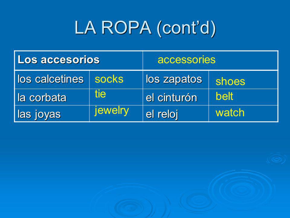 LA ROPA (contd) Los accesorios accessories los calcetines los zapatos la corbata el cinturón las joyas el reloj socks tie jewelry shoes belt watch
