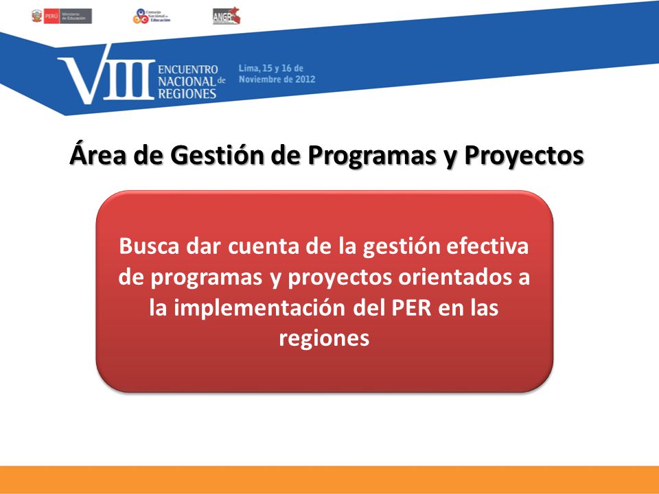 Área de Gestión de Programas y Proyectos Busca dar cuenta de la gestión efectiva de programas y proyectos orientados a la implementación del PER en las regiones