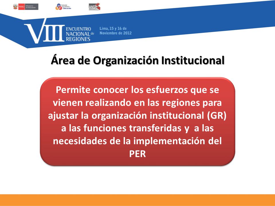 Área de Organización Institucional Permite conocer los esfuerzos que se vienen realizando en las regiones para ajustar la organización institucional (GR) a las funciones transferidas y a las necesidades de la implementación del PER