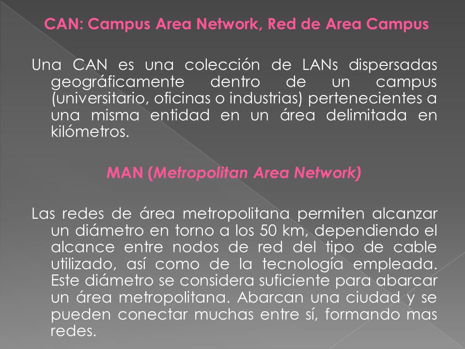 CAN: Campus Area Network, Red de Area Campus Una CAN es una colección de LANs dispersadas geográficamente dentro de un campus (universitario, oficinas o industrias) pertenecientes a una misma entidad en un área delimitada en kilómetros.