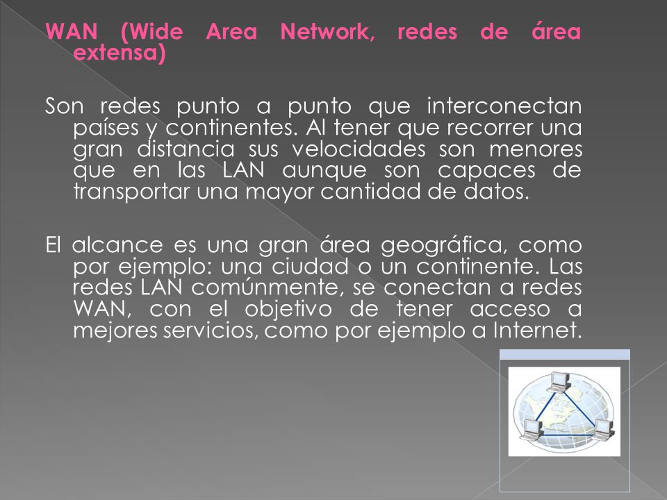 WAN (Wide Area Network, redes de área extensa) Son redes punto a punto que interconectan países y continentes.