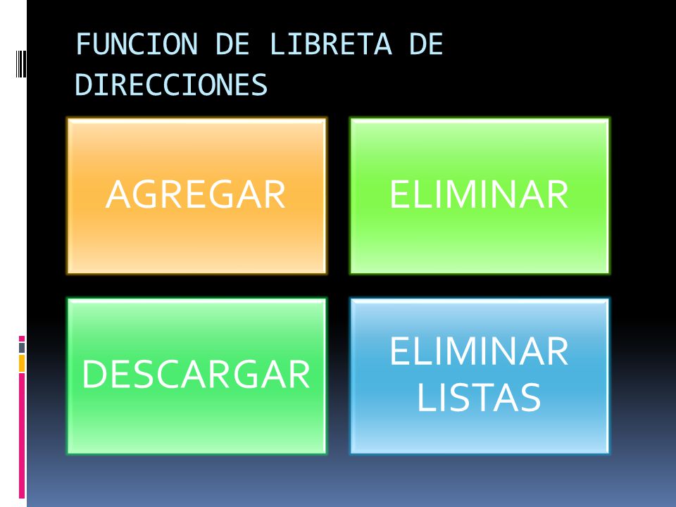 FUNCION DE LIBRETA DE DIRECCIONES AGREGARELIMINAR DESCARGAR ELIMINAR LISTAS