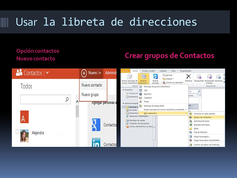 Usar la libreta de direcciones Opción contactos Nuevo contacto Crear grupos de Contactos