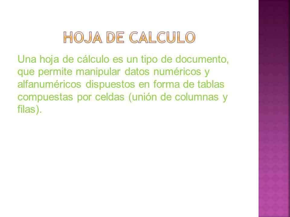 Una hoja de cálculo es un tipo de documento, que permite manipular datos numéricos y alfanuméricos dispuestos en forma de tablas compuestas por celdas (unión de columnas y filas).