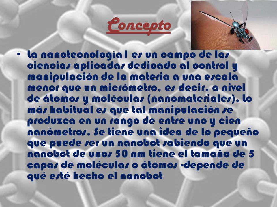Concepto La nanotecnología1 es un campo de las ciencias aplicadas dedicado al control y manipulación de la materia a una escala menor que un micrómetro, es decir, a nivel de átomos y moléculas (nanomateriales).