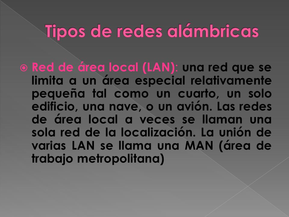 Red de área local (LAN) : una red que se limita a un área especial relativamente pequeña tal como un cuarto, un solo edificio, una nave, o un avión.