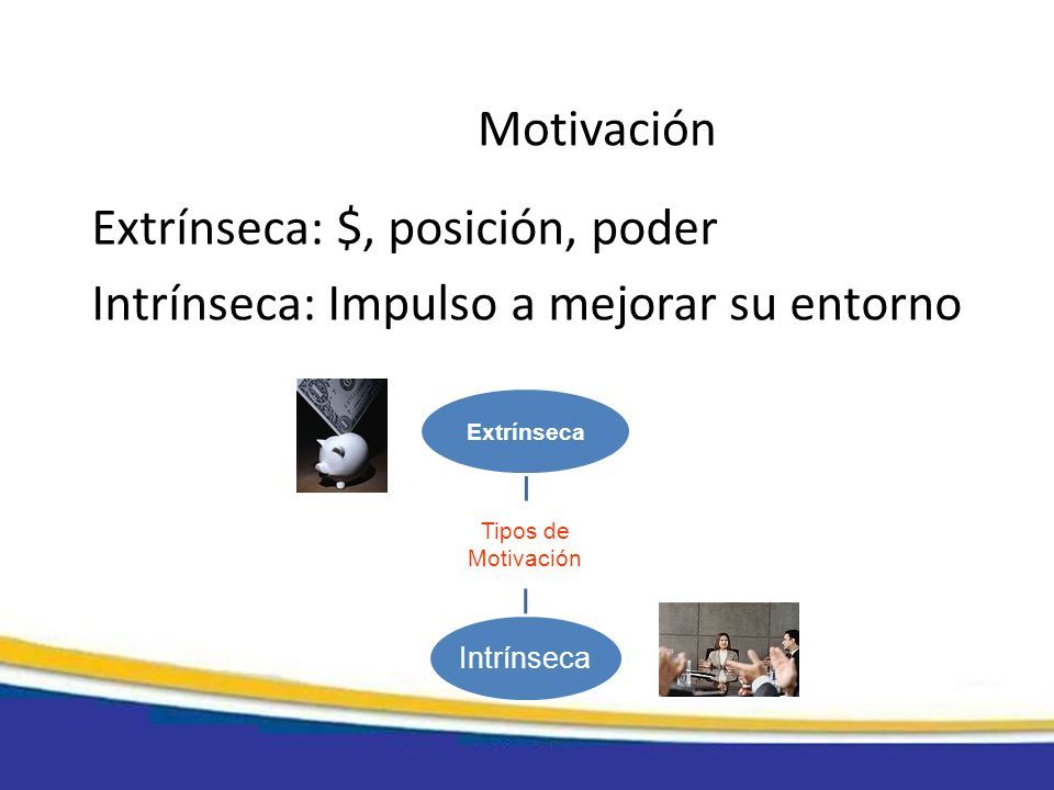 Motivación Extrínseca: $, posición, poder Intrínseca: Impulso a mejorar su entorno Tipos de Motivación Extrínseca Intrínseca