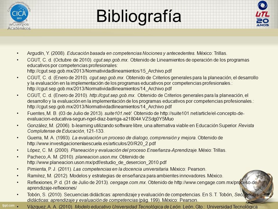 Bibliografía Argudín, Y. (2008). Educación basada en competencias Nociones y antecedentes.