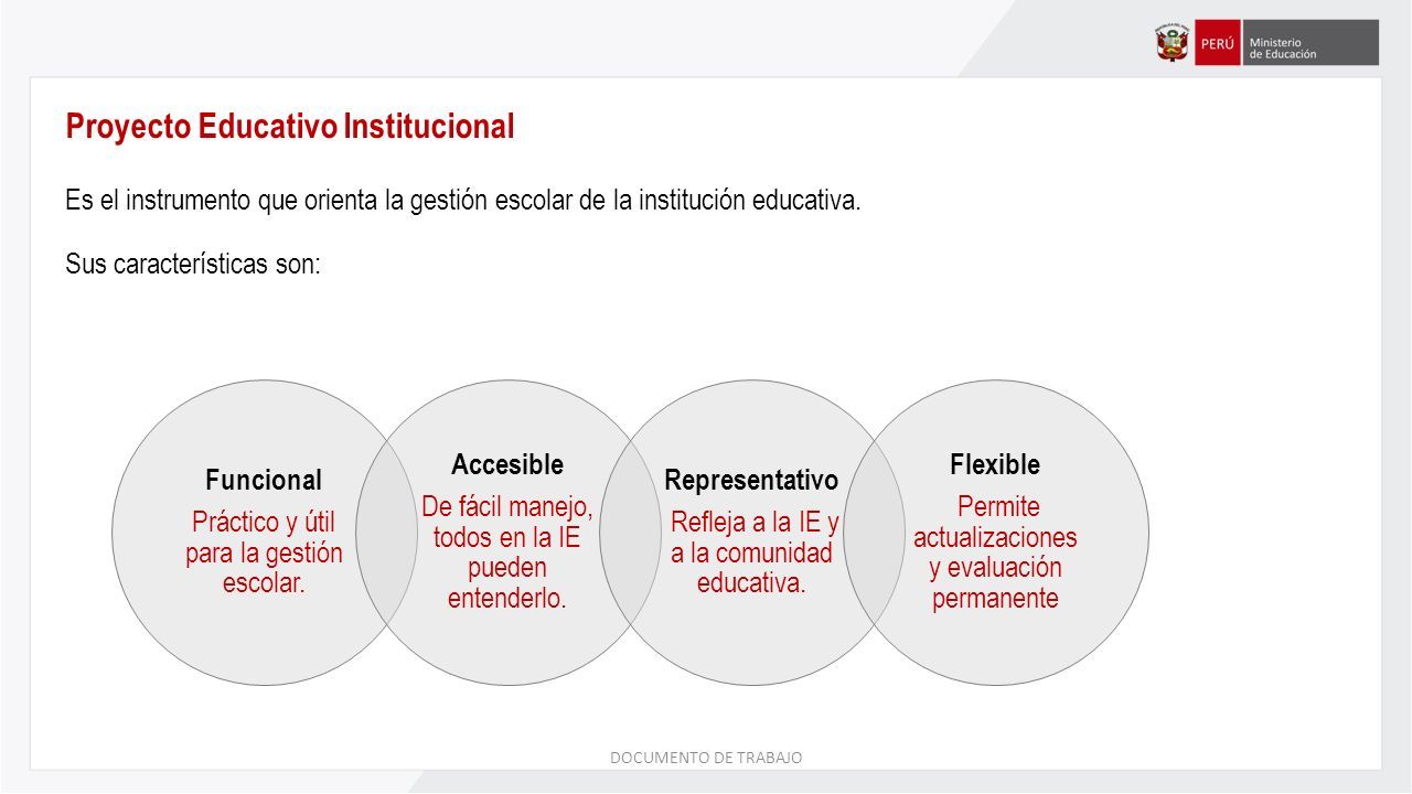 Proyecto Educativo Institucional Es el instrumento que orienta la gestión escolar de la institución educativa.