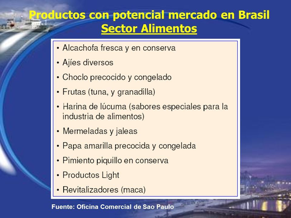 Productos con potencial mercado en Brasil Sector Alimentos Fuente: Oficina Comercial de Sao Paulo