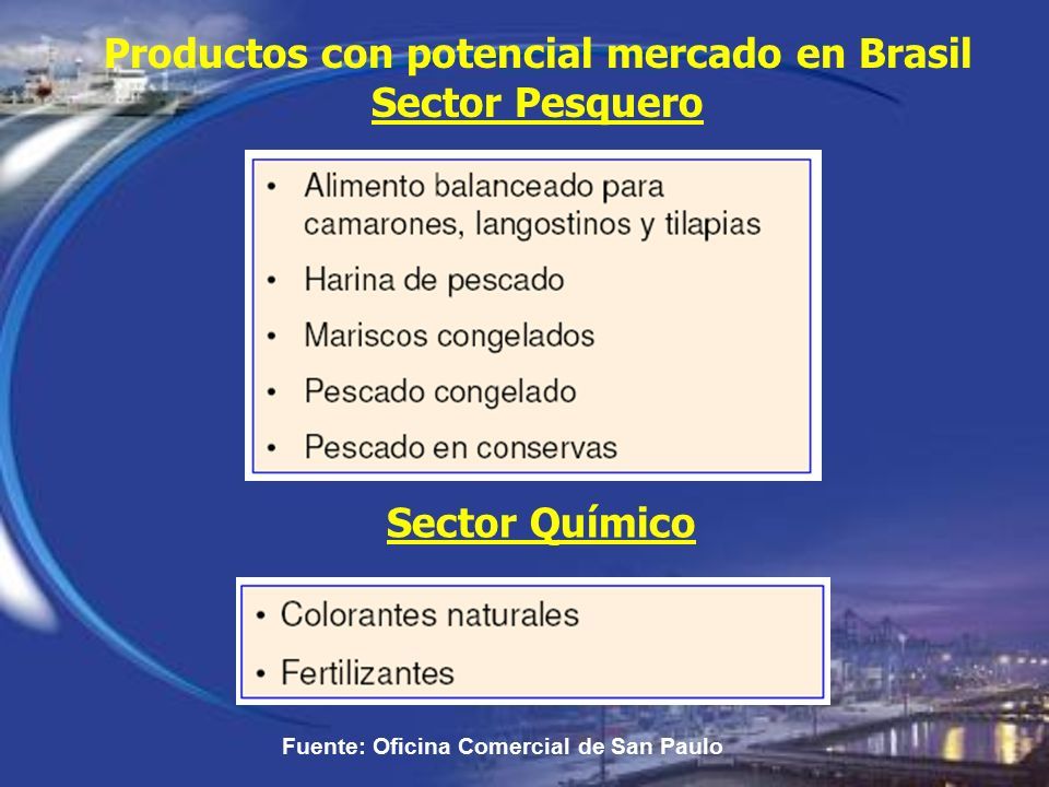 Productos con potencial mercado en Brasil Sector Pesquero Fuente: Oficina Comercial de San Paulo Sector Químico