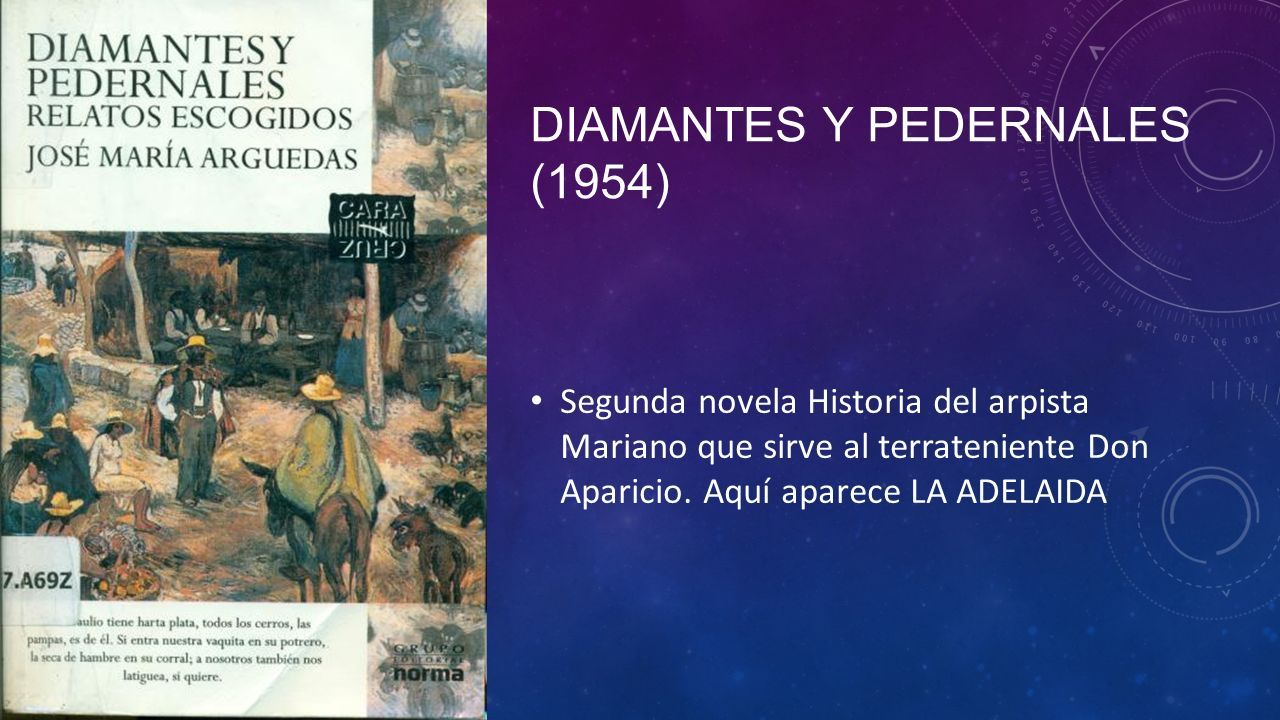 DIAMANTES Y PEDERNALES (1954) Segunda novela Historia del arpista Mariano que sirve al terrateniente Don Aparicio.