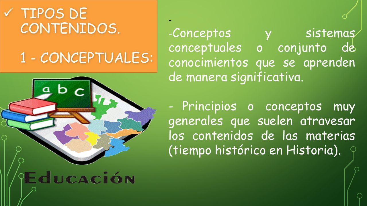 TIPOS DE CONTENIDOS. 1 - CONCEPTUALES: TIPOS DE CONTENIDOS.