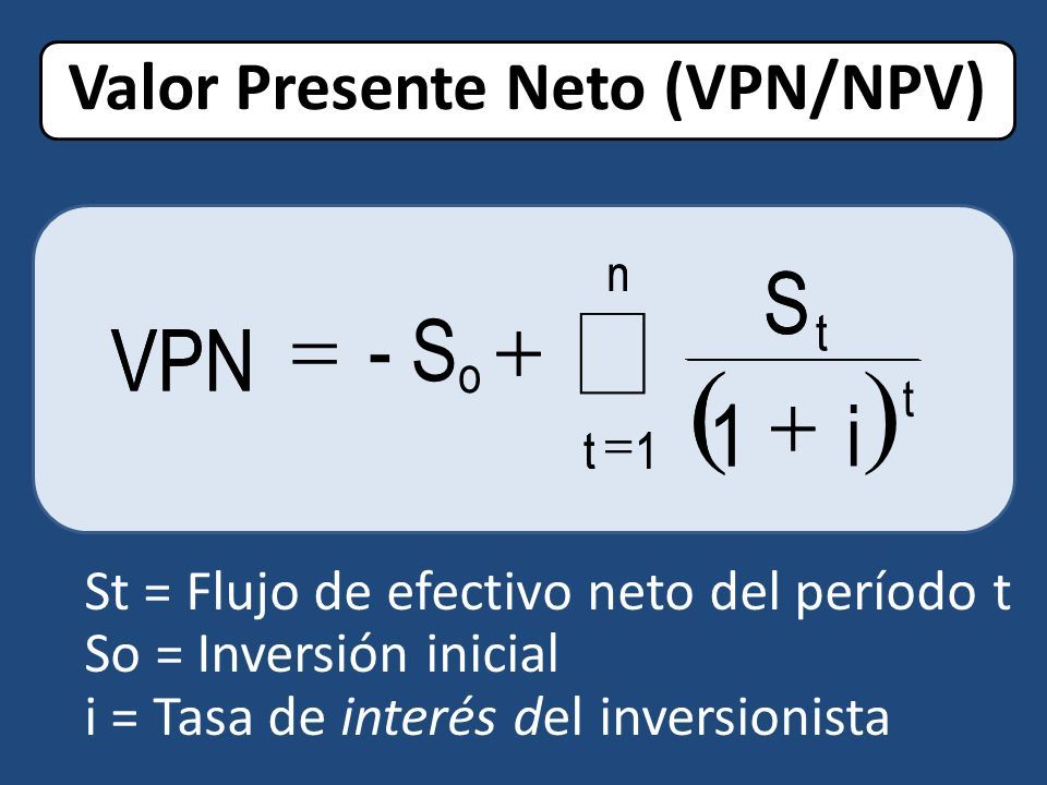 Valor Presente Neto (VPN/NPV) St = Flujo de efectivo neto del período t So = Inversión inicial i = Tasa de interés del inversionista      n 1t t i1 S - S VPN      n 1t t t o 1 S