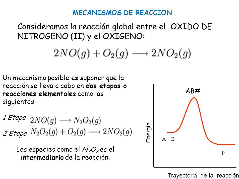 Un mecanismo posible es suponer que la reacción se lleva a cabo en dos etapas o reacciones elementales como las siguientes: 1 Etapa 2 Etapa Las especies como el N 2 O 2 es el intermediario de la reacción.