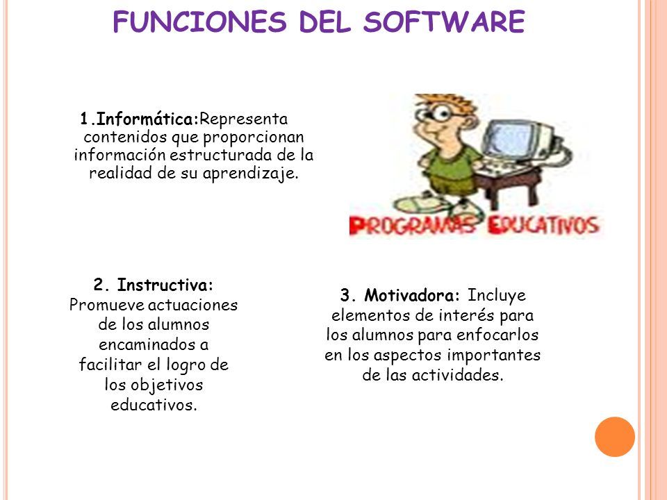 FUNCIONES DEL SOFTWARE 1.Informática:Representa contenidos que proporcionan información estructurada de la realidad de su aprendizaje.