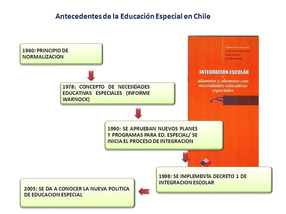 Antecedentes de la Educación Especial en Chile 1960: PRINCIPIO DE NORMALIZACION 1978: CONCEPTO DE NECESIDADES EDUCATIVAS ESPECIALES (INFORME WARNOCK) 1990: SE APRUEBAN NUEVOS PLANES Y PROGRAMAS PARA ED.