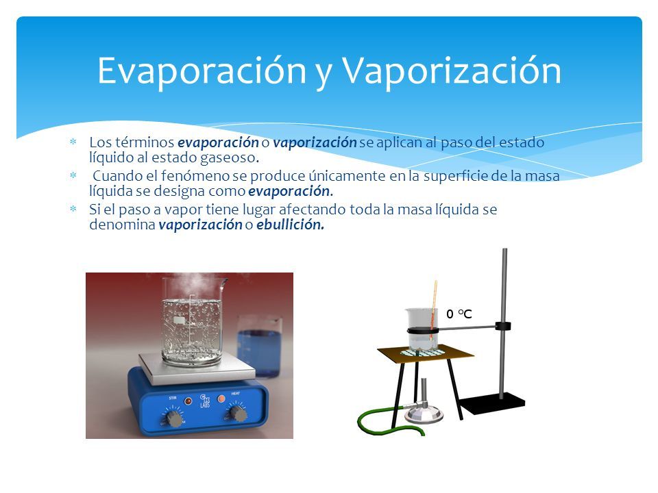 Los términos evaporación o vaporización se aplican al paso del estado líquido al estado gaseoso.