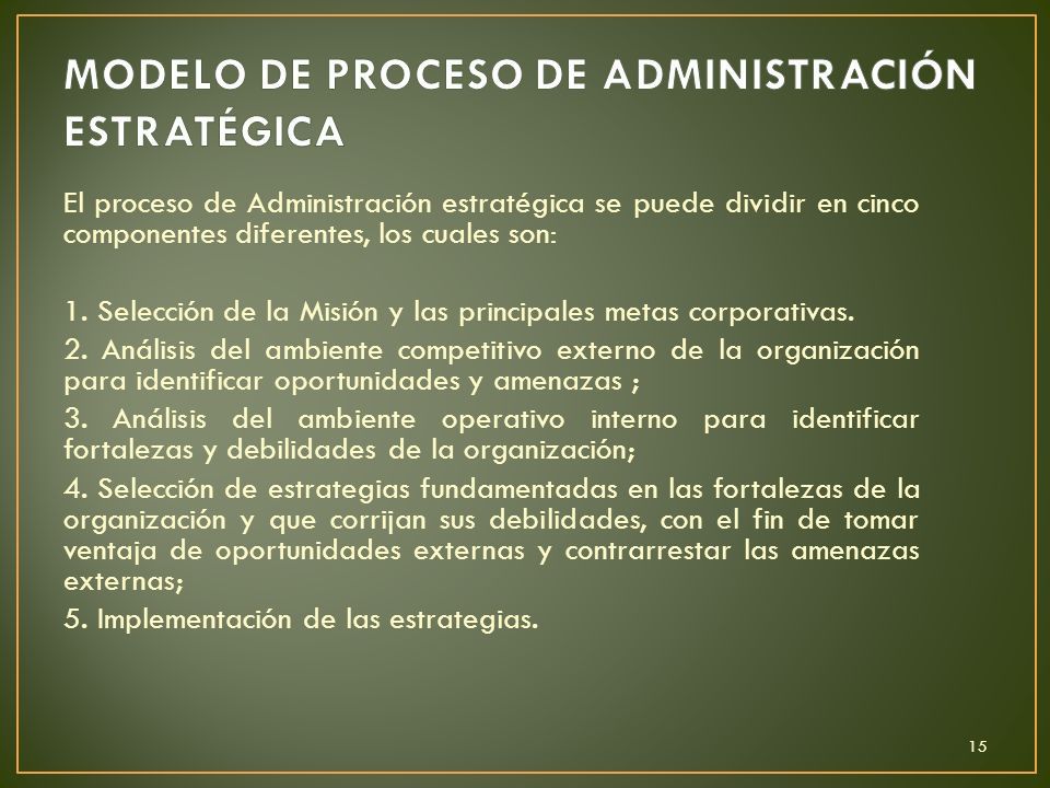 El proceso de Administración estratégica se puede dividir en cinco componentes diferentes, los cuales son: 1.