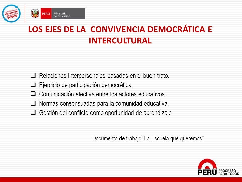 LOS EJES DE LA CONVIVENCIA DEMOCRÁTICA E INTERCULTURAL  Relaciones Interpersonales basadas en el buen trato.