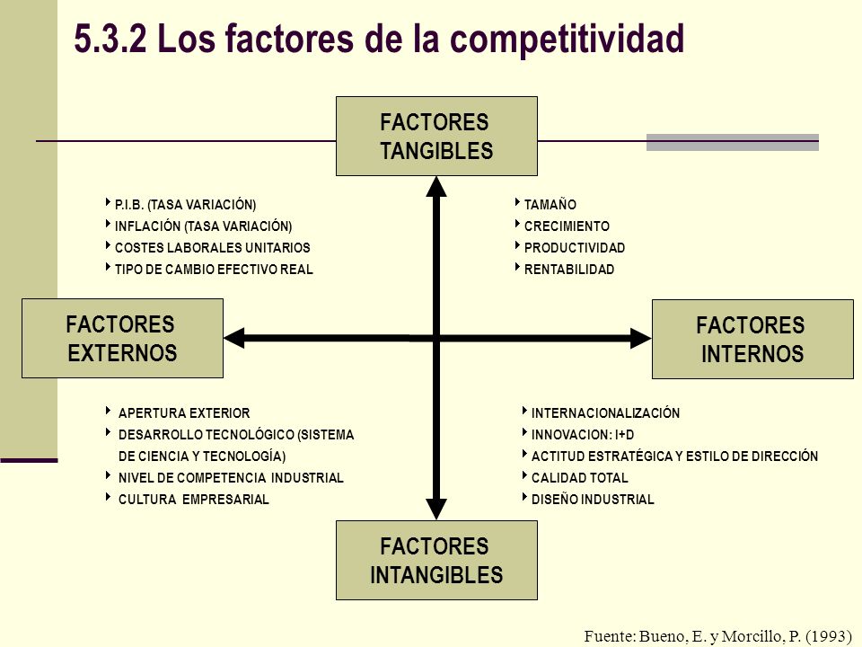 5.3.2 Los factores de la competitividad FACTORES TANGIBLES FACTORES INTANGIBLES FACTORES EXTERNOS FACTORES INTERNOS  P.I.B.