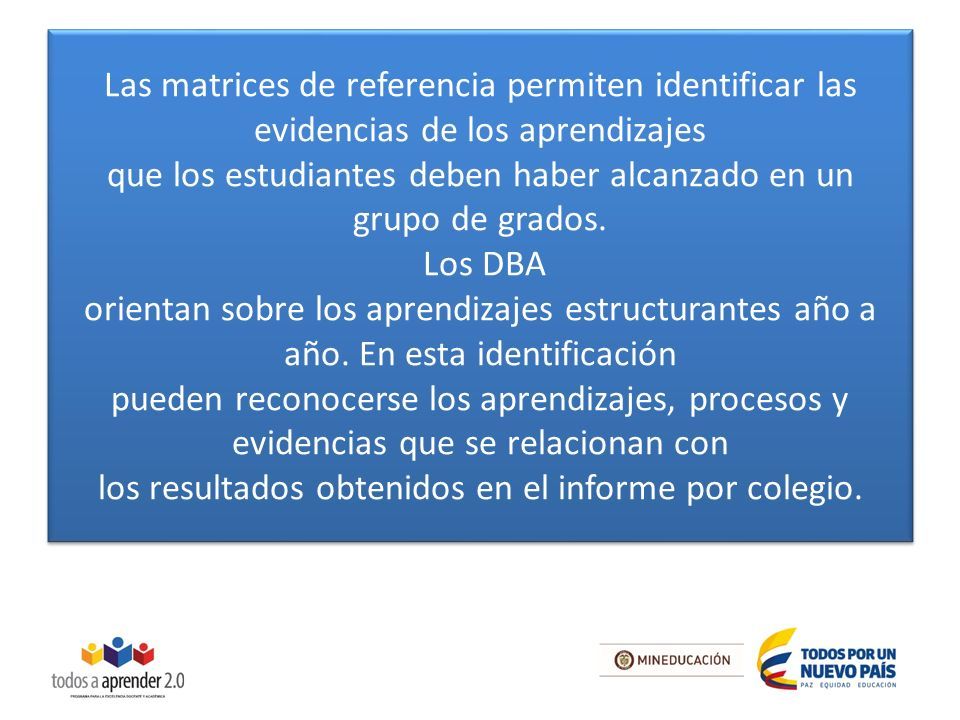 Las matrices de referencia permiten identificar las evidencias de los aprendizajes que los estudiantes deben haber alcanzado en un grupo de grados.