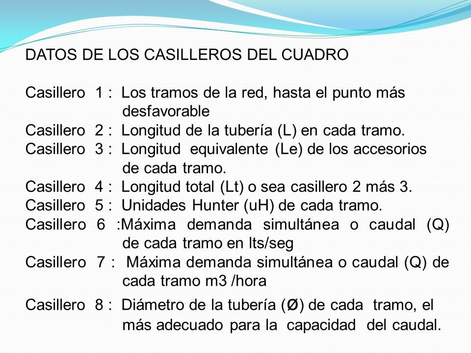 DATOS DE LOS CASILLEROS DEL CUADRO Casillero 1 : Los tramos de la red, hasta el punto más desfavorable Casillero 2 : Longitud de la tubería (L) en cada tramo.
