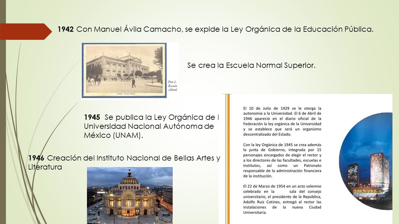 1942 Con Manuel Ávila Camacho, se expide la Ley Orgánica de la Educación Pública.