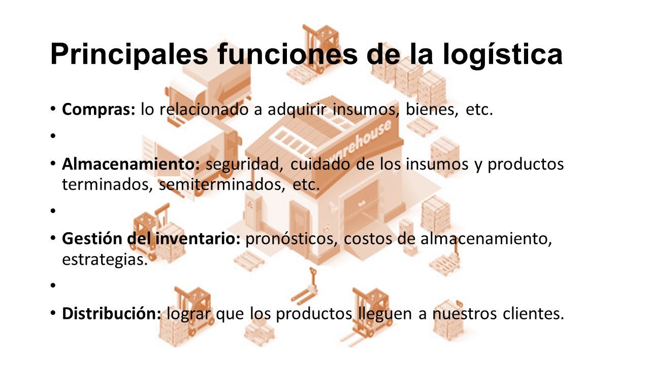 Principales funciones de la logística Compras: lo relacionado a adquirir insumos, bienes, etc.