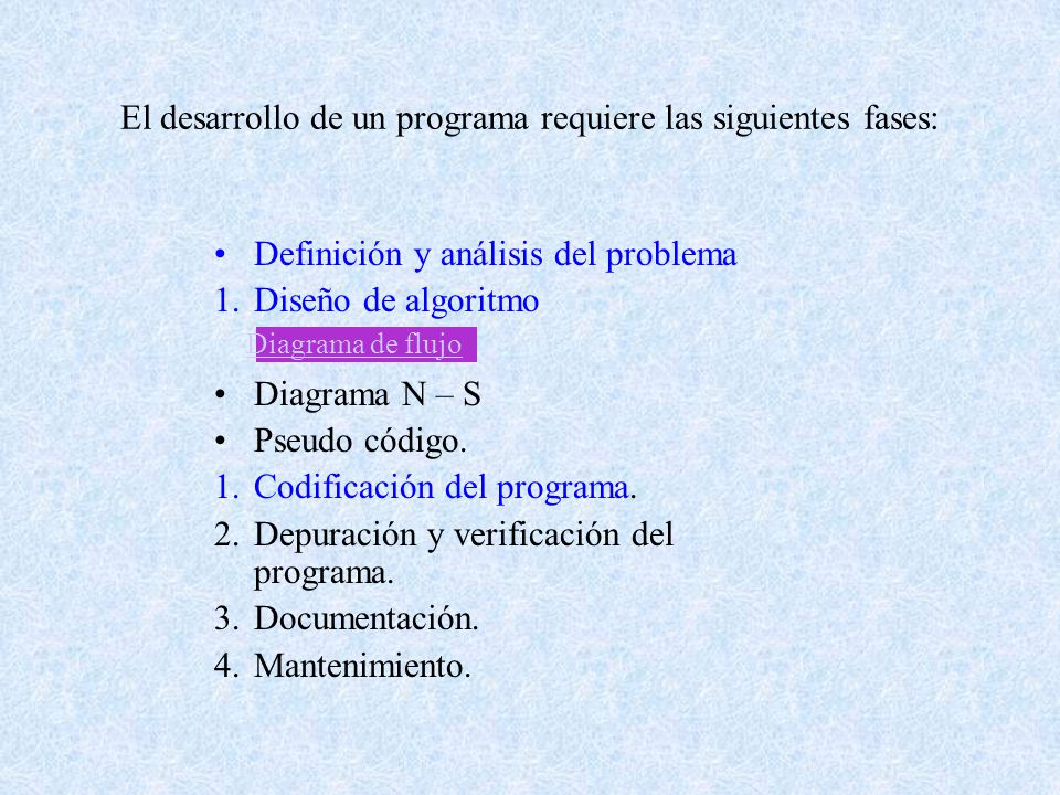El desarrollo de un programa requiere las siguientes fases: Definición y análisis del problema 1.Diseño de algoritmo Diagrama N – S Pseudo código.