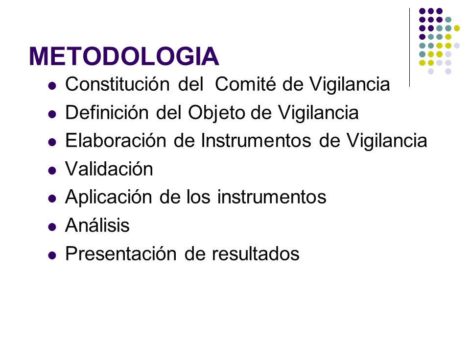 METODOLOGIA Constitución del Comité de Vigilancia Definición del Objeto de Vigilancia Elaboración de Instrumentos de Vigilancia Validación Aplicación de los instrumentos Análisis Presentación de resultados