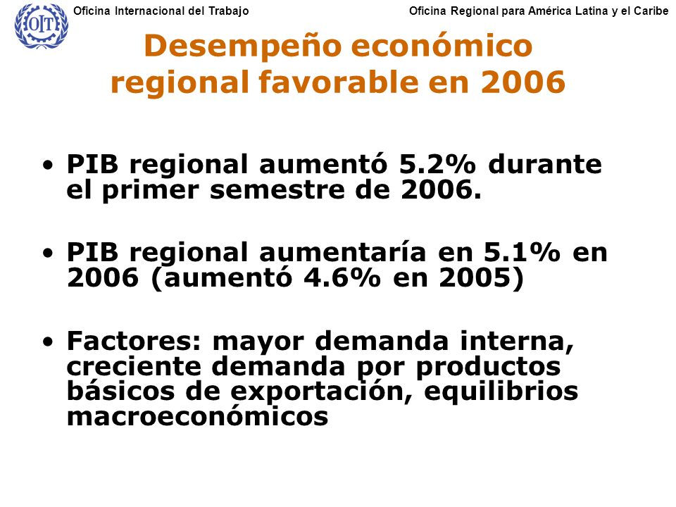 Oficina Regional para América Latina y el CaribeOficina Internacional del Trabajo Desempeño económico regional favorable en 2006 PIB regional aumentó 5.2% durante el primer semestre de 2006.