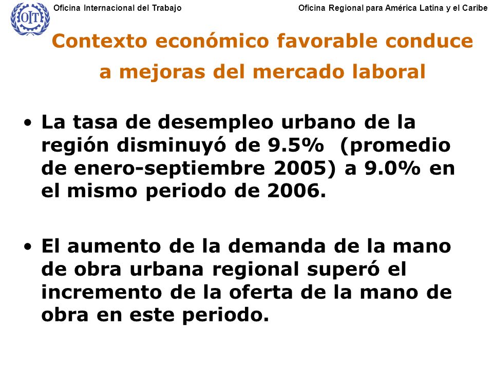 Oficina Regional para América Latina y el CaribeOficina Internacional del Trabajo Contexto económico favorable conduce a mejoras del mercado laboral La tasa de desempleo urbano de la región disminuyó de 9.5% (promedio de enero-septiembre 2005) a 9.0% en el mismo periodo de 2006.