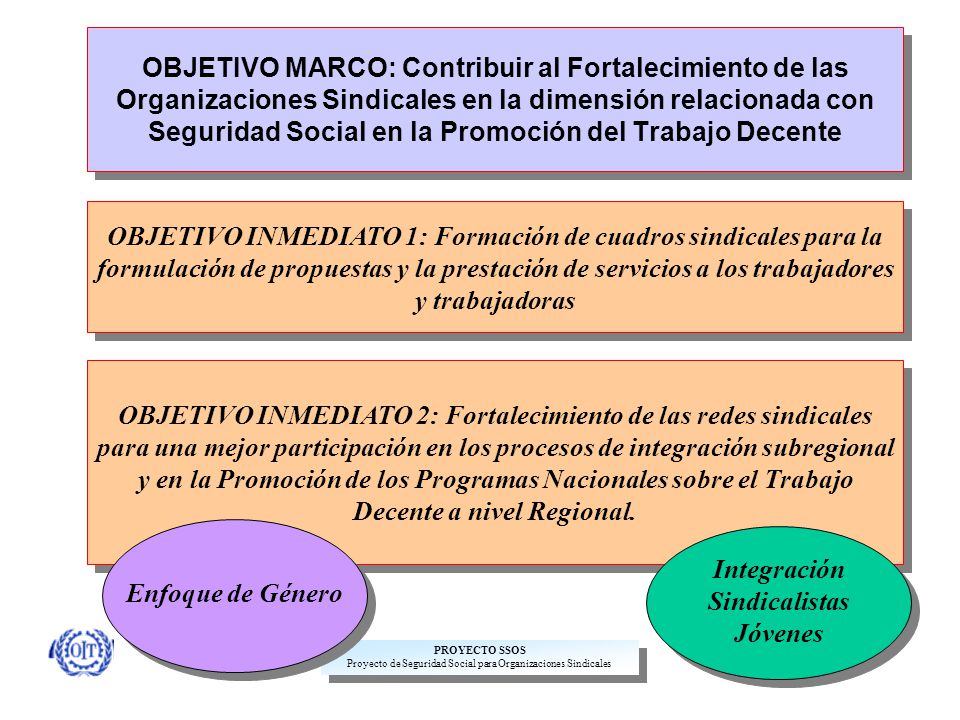 OBJETIVO MARCO: Contribuir al Fortalecimiento de las Organizaciones Sindicales en la dimensión relacionada con Seguridad Social en la Promoción del Trabajo Decente ACTUALIZADAS OBJETIVO INMEDIATO 1: Formación de cuadros sindicales para la formulación de propuestas y la prestación de servicios a los trabajadores y trabajadoras OBJETIVO INMEDIATO 2: Fortalecimiento de las redes sindicales para una mejor participación en los procesos de integración subregional y en la Promoción de los Programas Nacionales sobre el Trabajo Decente a nivel Regional.