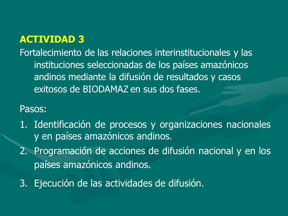 ACTIVIDAD 3 Fortalecimiento de las relaciones interinstitucionales y las instituciones seleccionadas de los países amazónicos andinos mediante la difusión de resultados y casos exitosos de BIODAMAZ en sus dos fases.