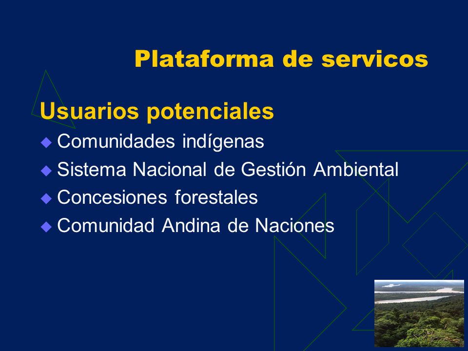 Plataforma de servicos Usuarios potenciales Autoridades de gobiernos regionales amazónicos.