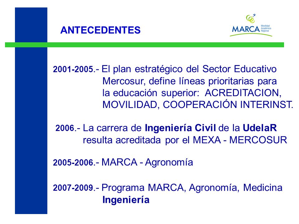 ANTECEDENTES El plan estratégico del Sector Educativo Mercosur, define líneas prioritarias para la educación superior: ACREDITACION, MOVILIDAD, COOPERACIÓN INTERINST.