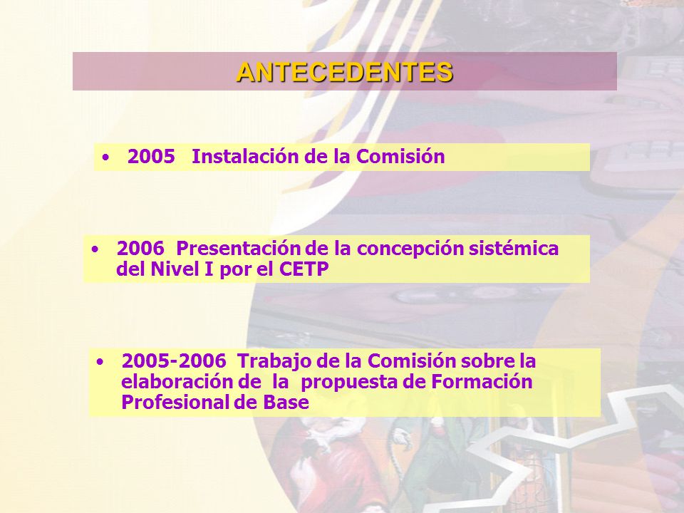 ANTECEDENTES 2005 Instalación de la Comisión 2006 Presentación de la concepción sistémica del Nivel I por el CETP Trabajo de la Comisión sobre la elaboración de la propuesta de Formación Profesional de Base