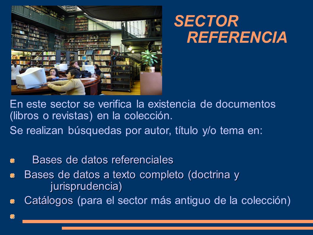SECTOR REFERENCIA En este sector se verifica la existencia de documentos (libros o revistas) en la colección.