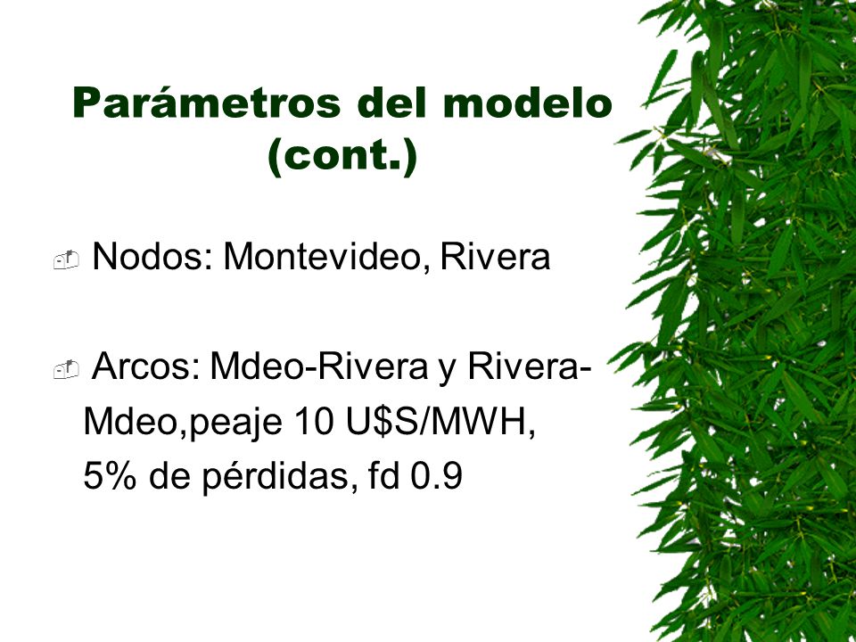 Parámetros del modelo (cont.) Nodos: Montevideo, Rivera Arcos: Mdeo-Rivera y Rivera- Mdeo,peaje 10 U$S/MWH, 5% de pérdidas, fd 0.9