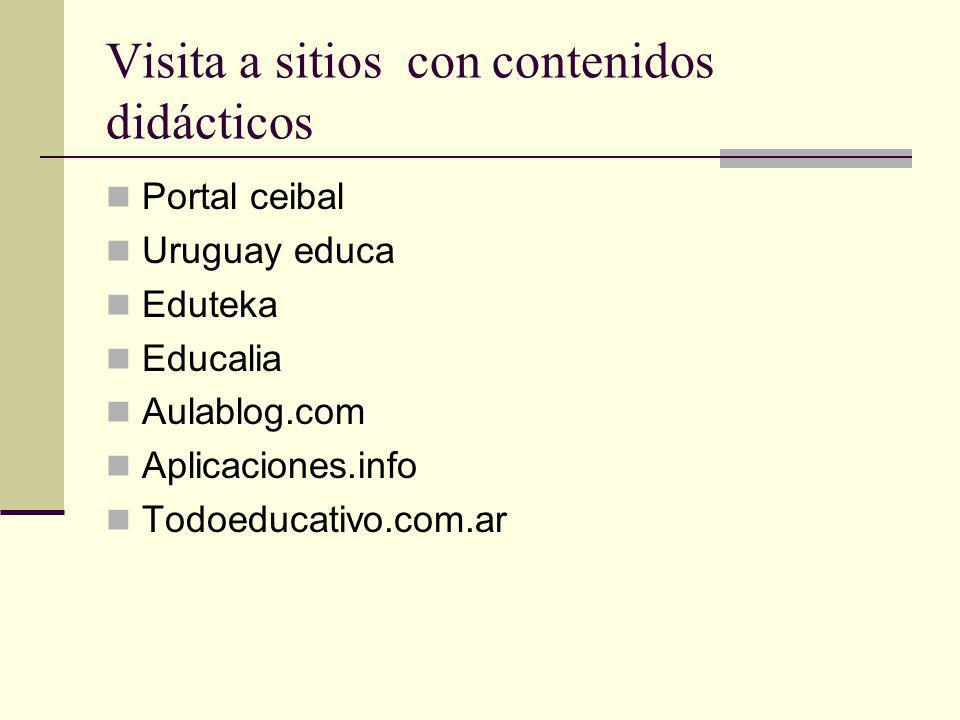 Visita a sitios con contenidos didácticos Portal ceibal Uruguay educa Eduteka Educalia Aulablog.com Aplicaciones.info Todoeducativo.com.ar
