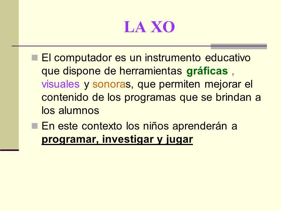 LA XO El computador es un instrumento educativo que dispone de herramientas gráficas, visuales y sonoras, que permiten mejorar el contenido de los programas que se brindan a los alumnos En este contexto los niños aprenderán a programar, investigar y jugar