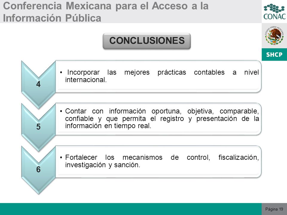 Página 19 Conferencia Mexicana para el Acceso a la Información Pública CONCLUSIONES 4 Incorporar las mejores prácticas contables a nivel internacional.